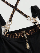 ROMWE J-Fashion Women Leopard Print Halter Round Ring Decorated Zipper Long Sleeve T-Shirt